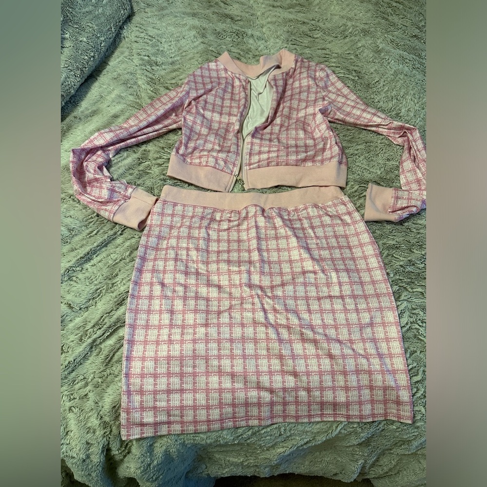 2 piece pink skirt jacket combo